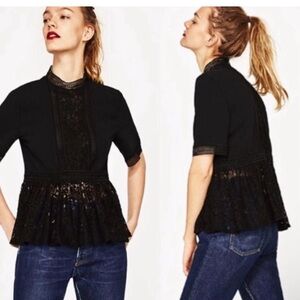 Zara black peplum top with lace trim
